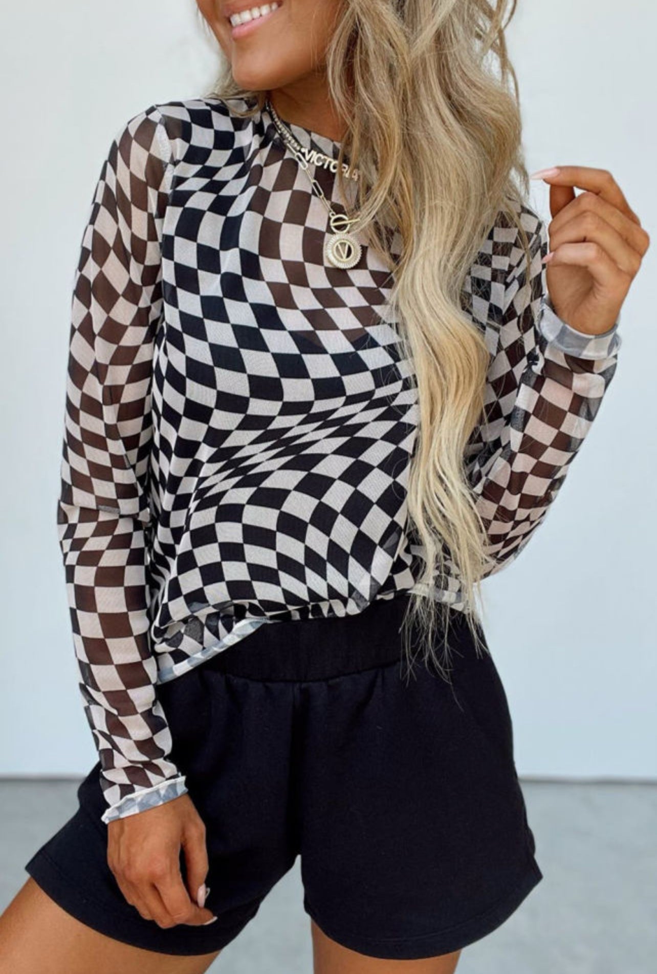 Game Day Ready Mech Checkerboard Mock Neck Top