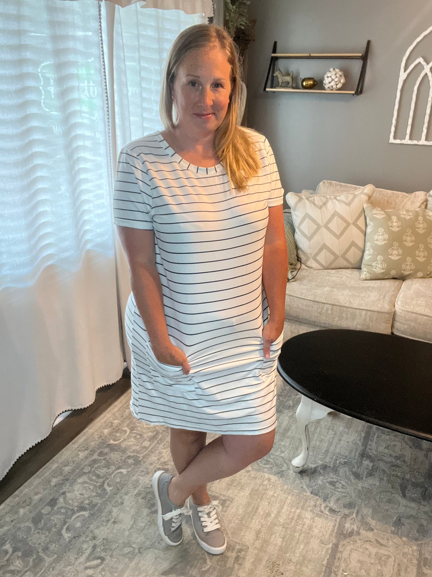 Pocketed Striped Round Neck Short Sleeve Dress