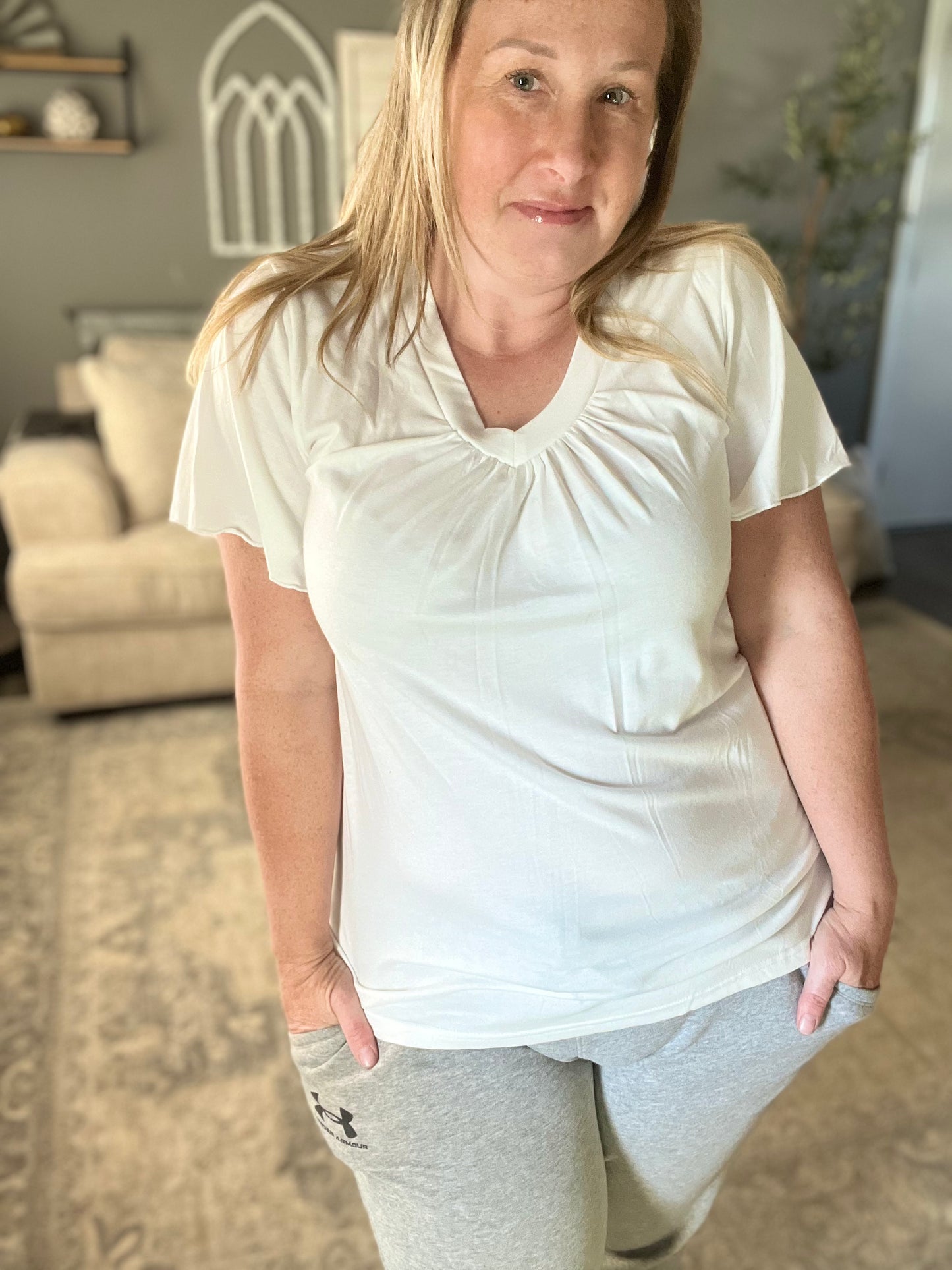 Shirred V neck Short Sleeve Tee FINAL SALE