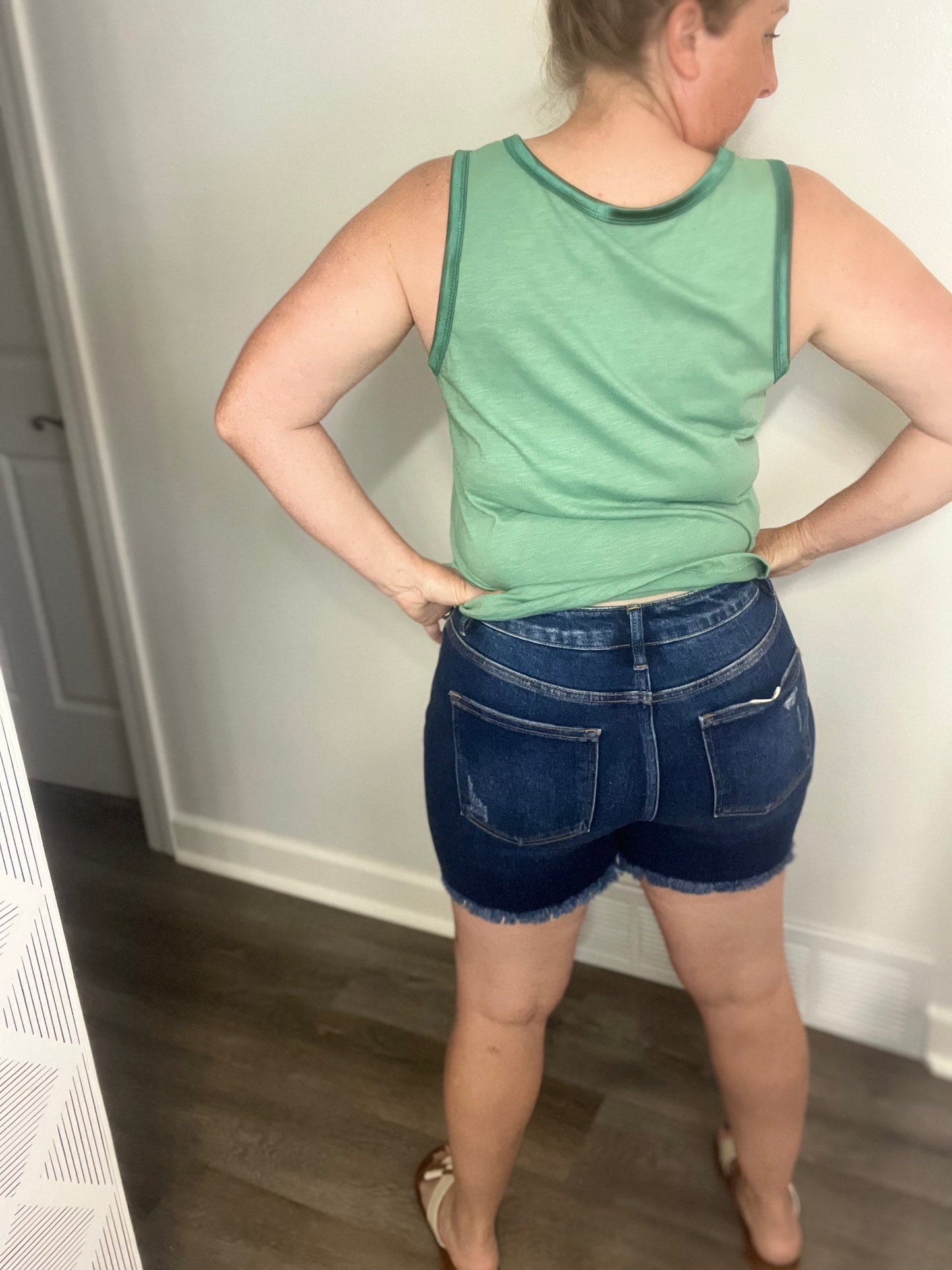 Risen High Rise Distressed Mid Thigh Shorts