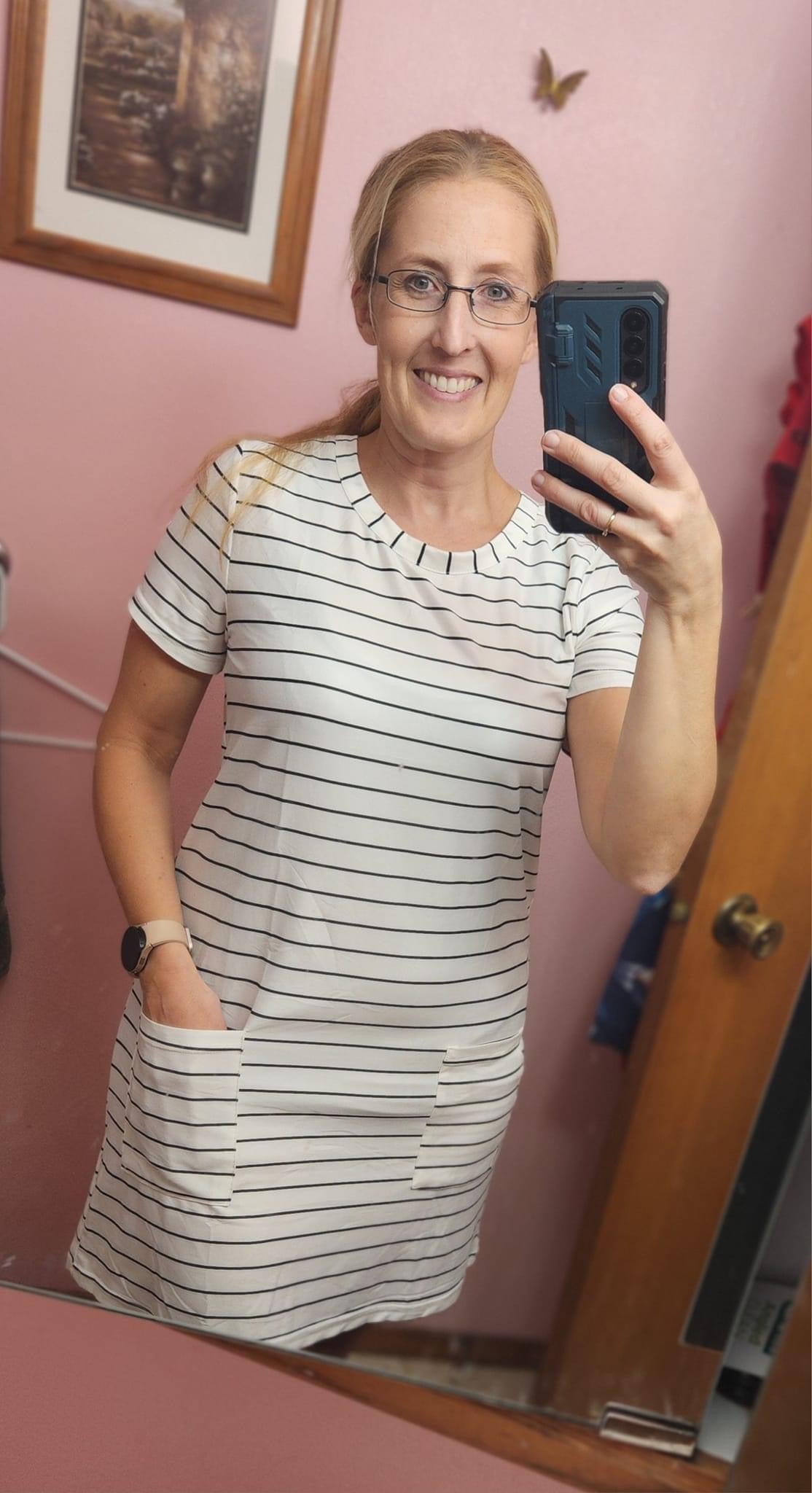 Pocketed Striped Round Neck Short Sleeve Dress