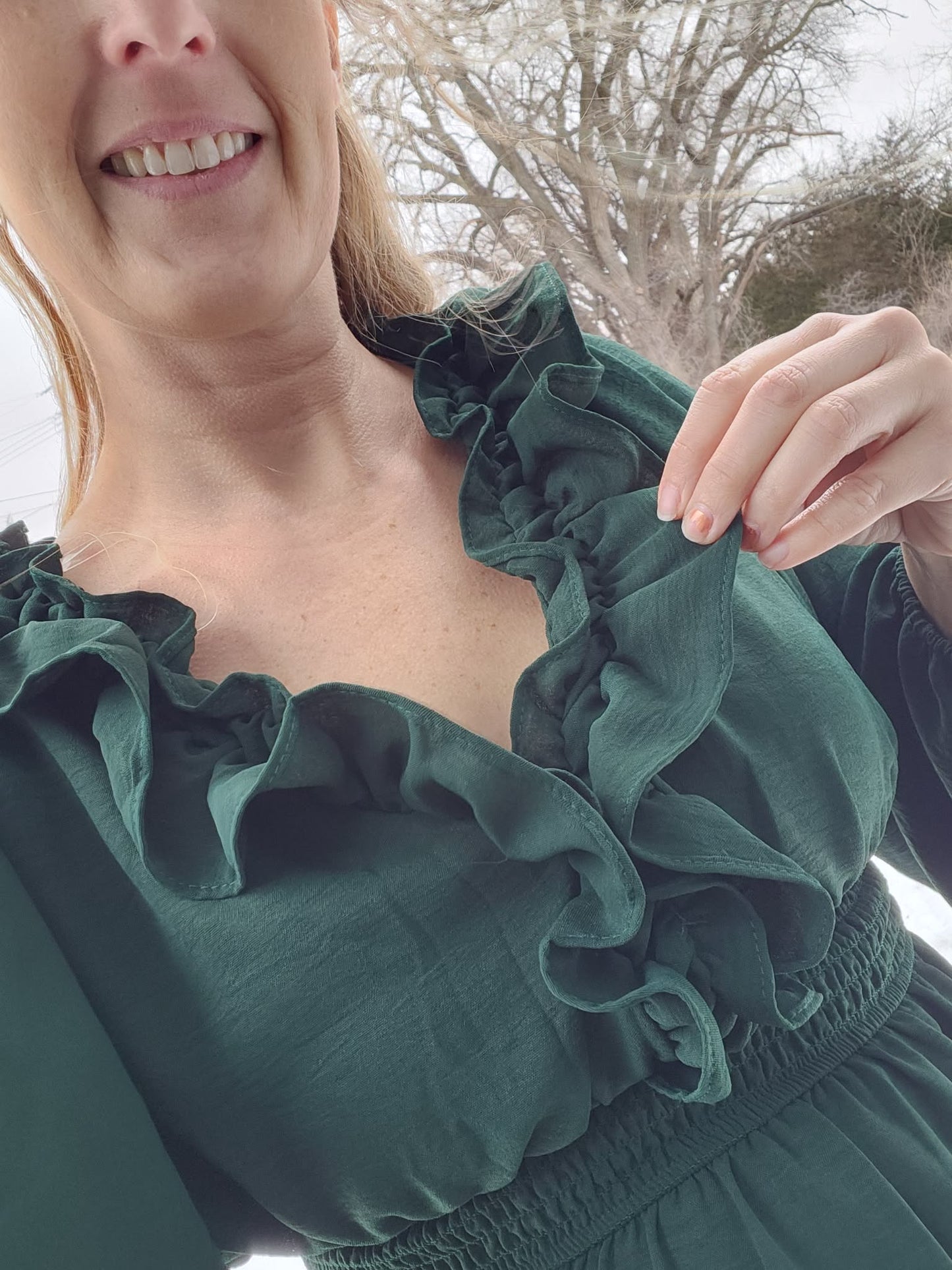 Midi Length Ruffle V Neck Dress