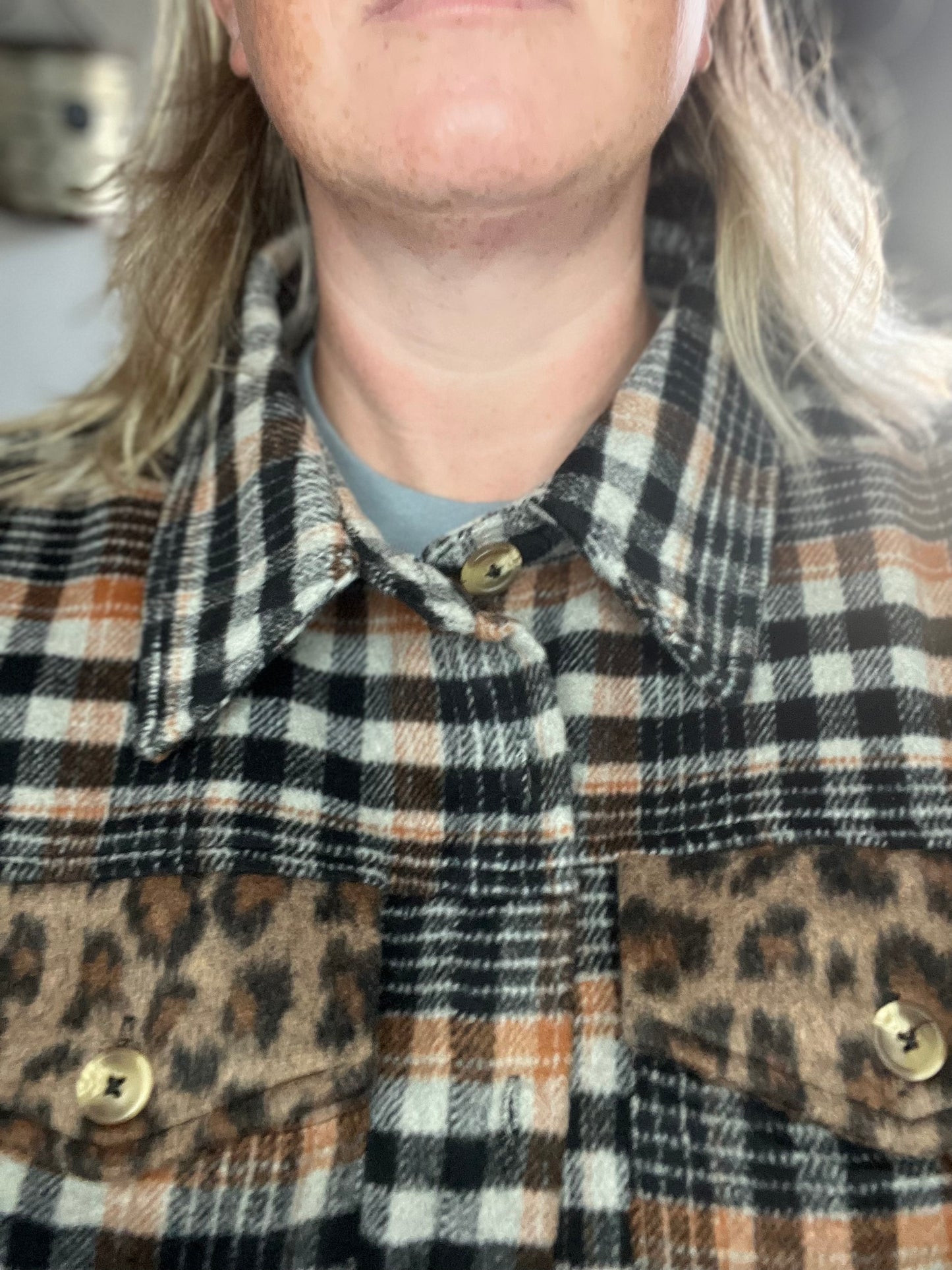 Plus Plaid Leopard Color Block Button Down Shacket