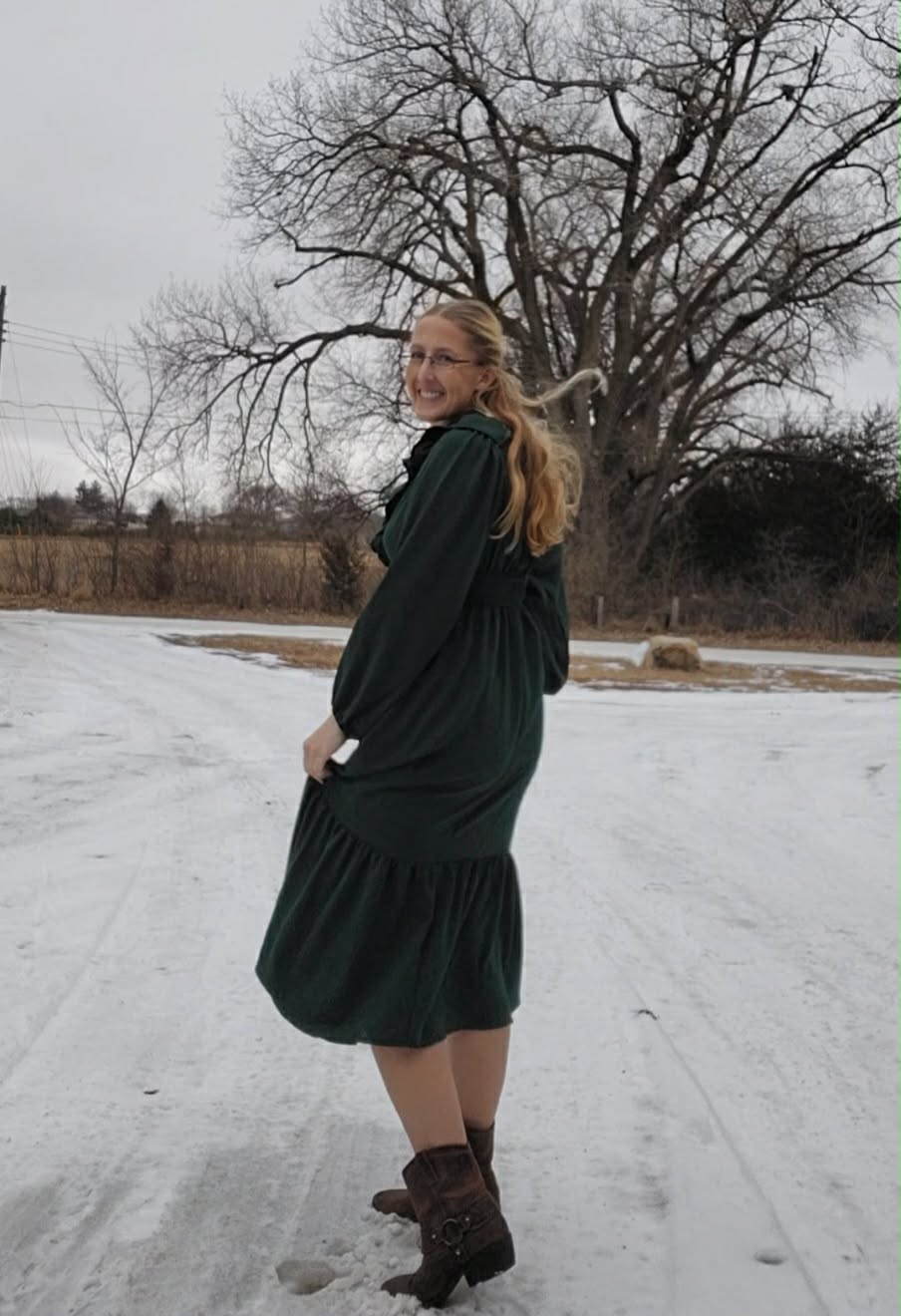 Midi Length Ruffle V Neck Dress