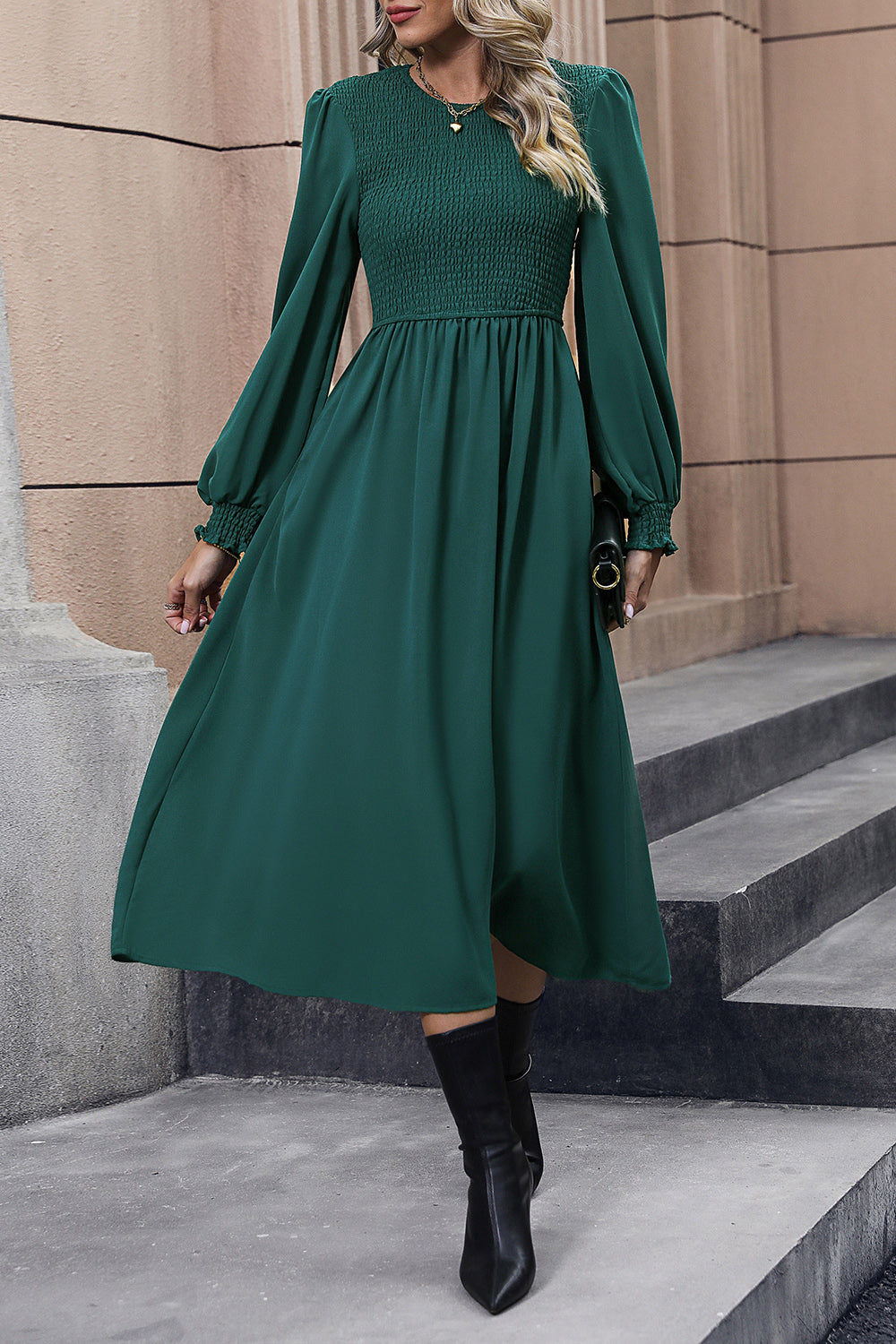 Perfee Smocked Long Sleeve Midi Dress