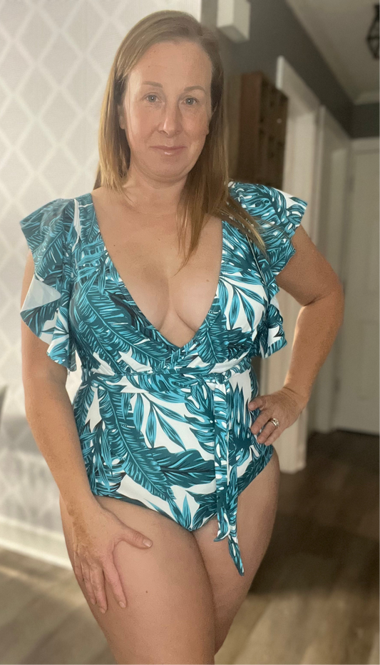 Botanical Deep V Ruffle Swim Suit