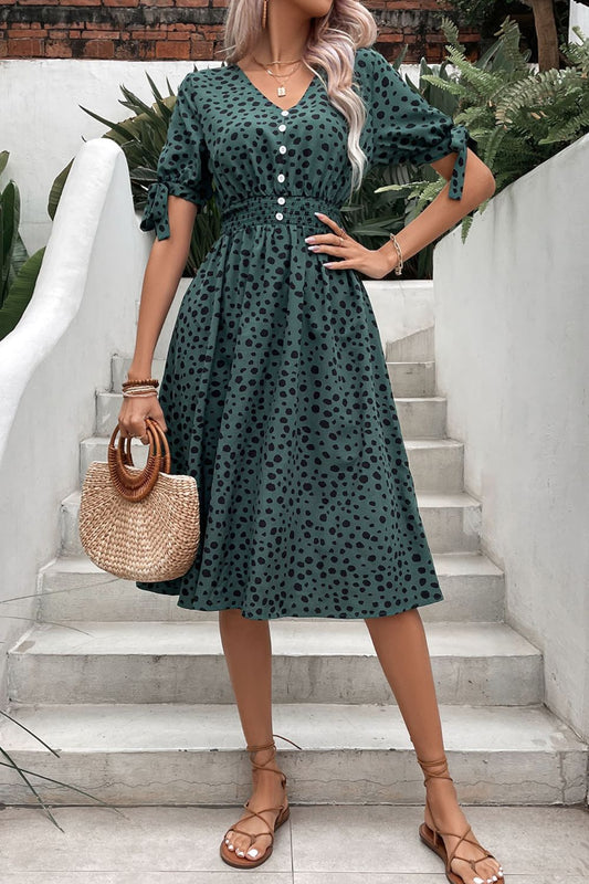 Perfee Printed Tie Cuff Smocked Waist Dress