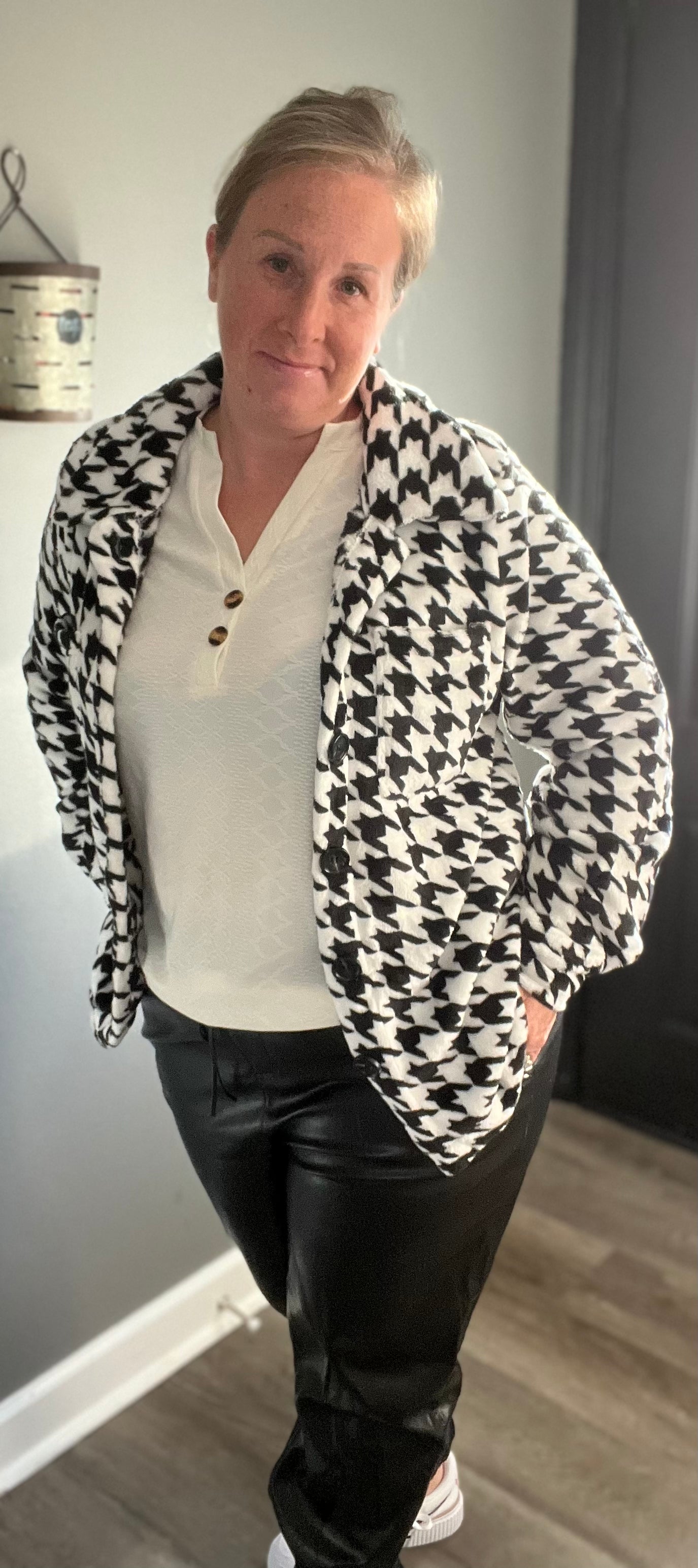 Houndstooth Fuzzy Button Up Shirt Jacket