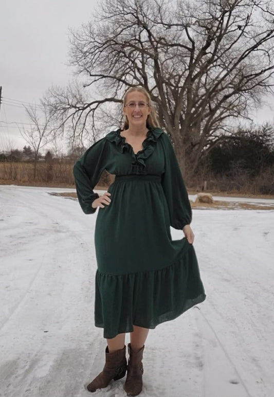 Midi Length Ruffle V Neck Dress