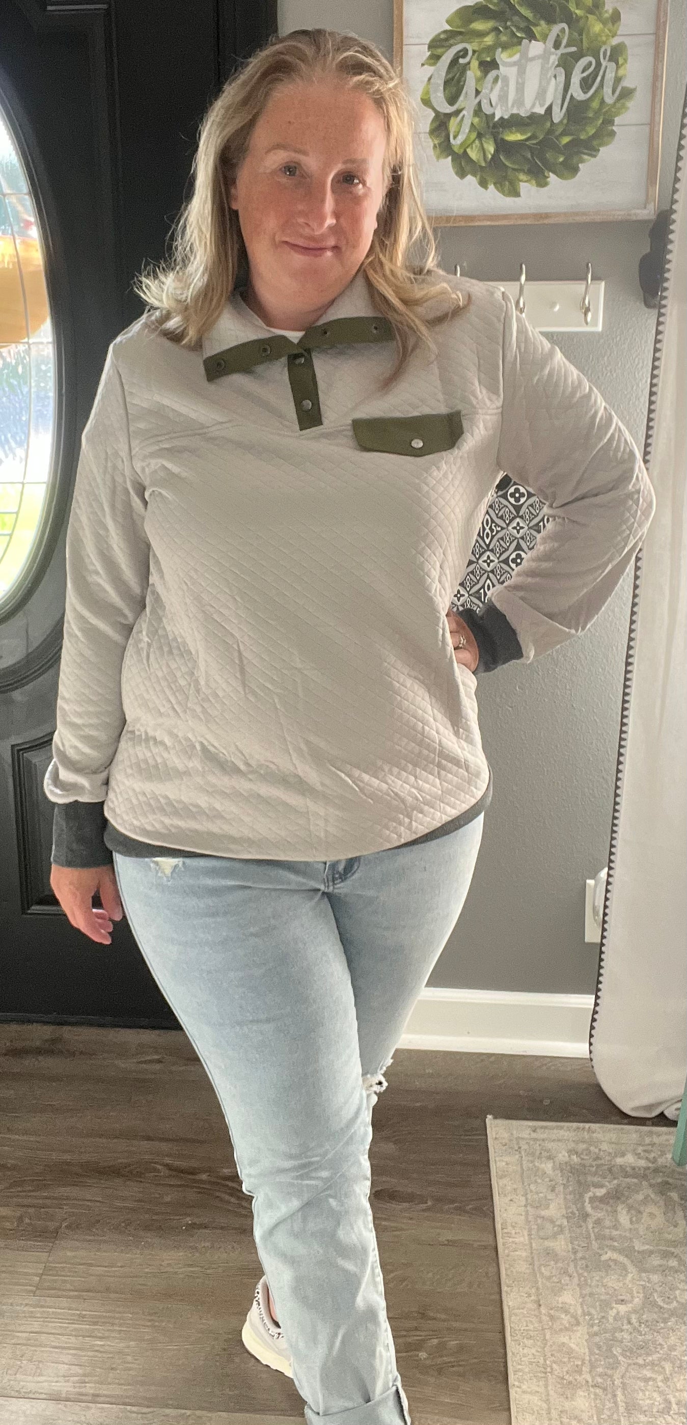 Quilted Snap Neck Sweatshirt with Faux Pocket FINAL SALE