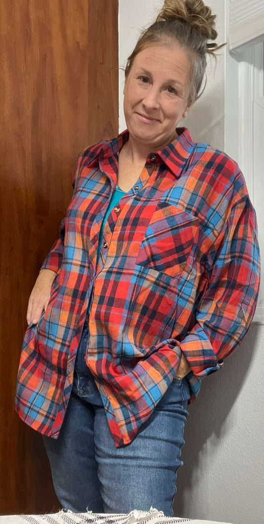 Fiery Red & Orange Plaid Button Up
