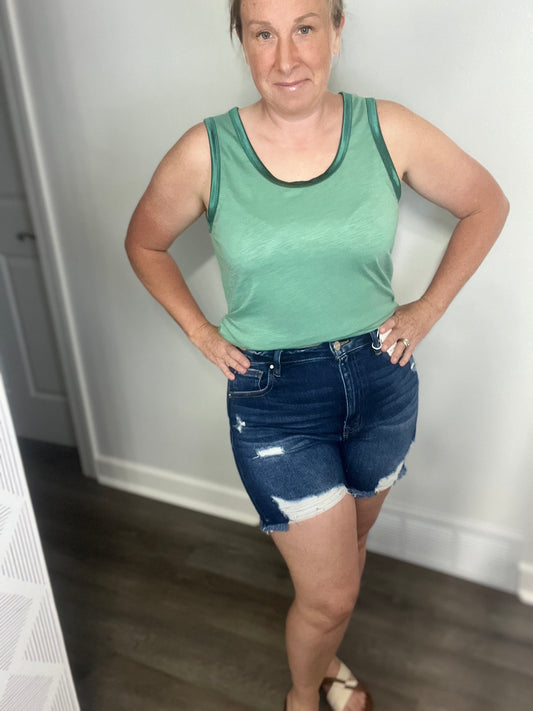 Risen High Rise Distressed Mid Thigh Shorts