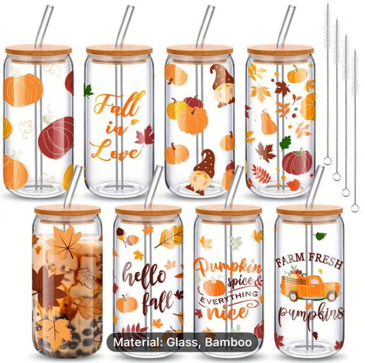 Fall Inspired Water Cups With Bamboo Lid and Straw