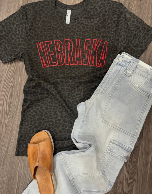 Nebraska Black Leopard Outline Tee