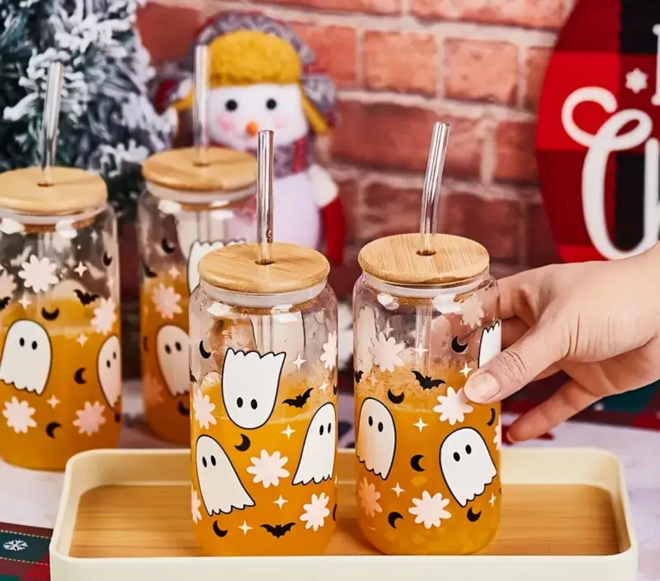 Ghosty Glass Water Cup With Lid & Straw