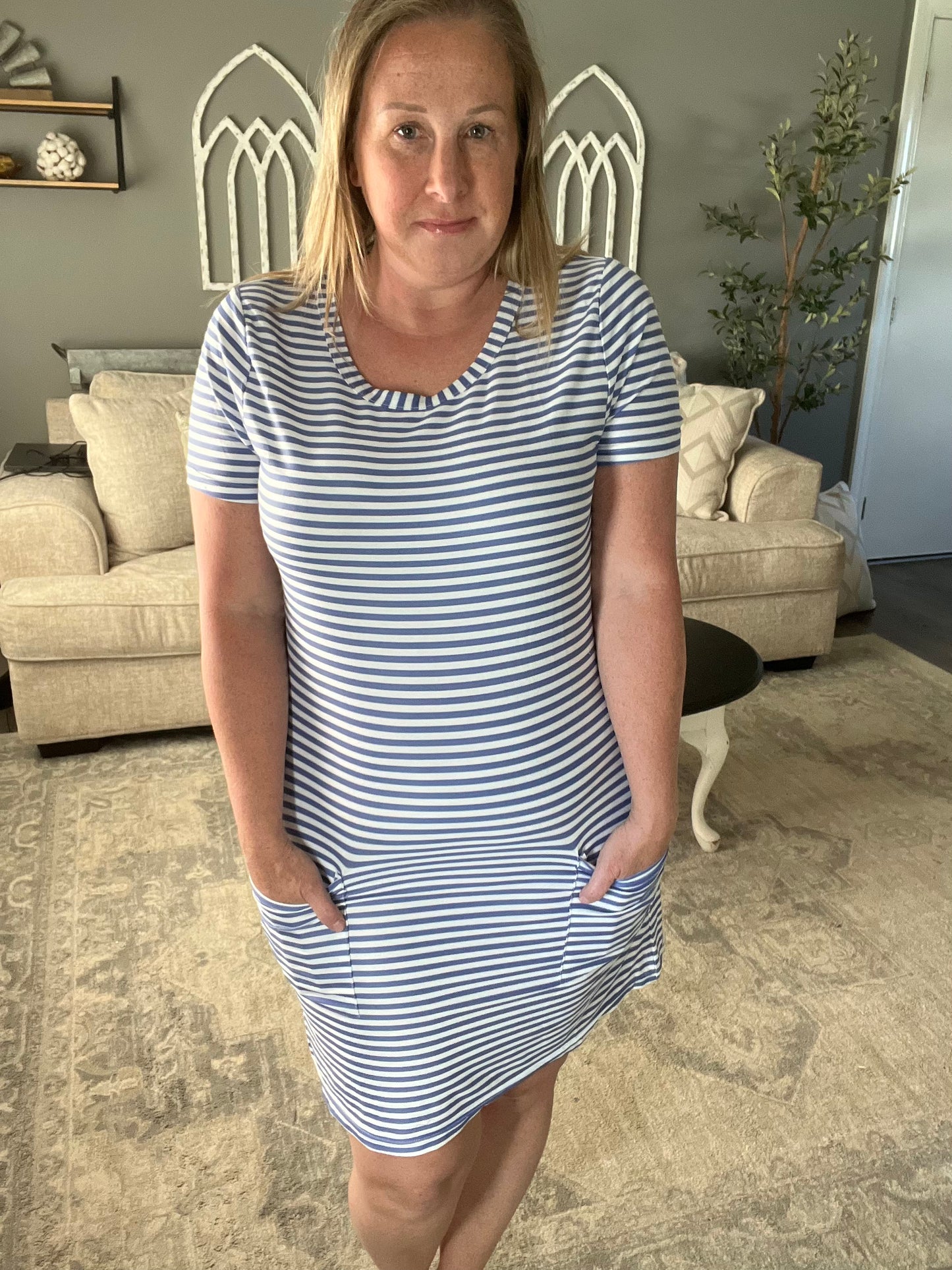 Pocketed Striped Round Neck Short Sleeve Dress