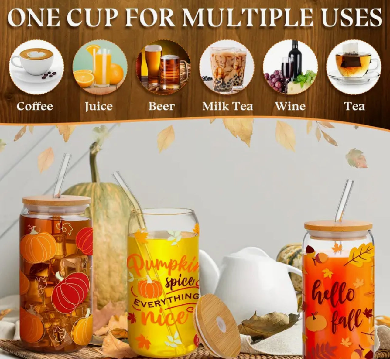 Fall Inspired Water Cups With Bamboo Lid and Straw