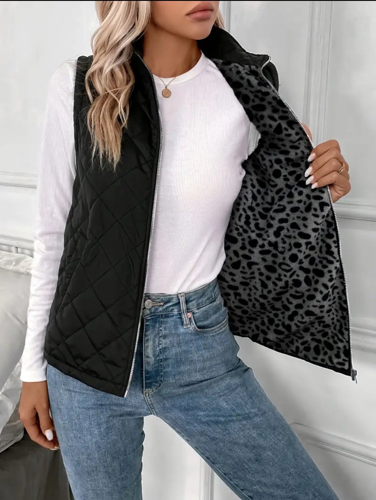 Leopard Lined Quilted Vest