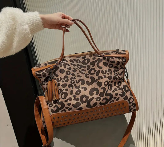 Large Capacity Leopard Tote Bag With Adjustable Strap