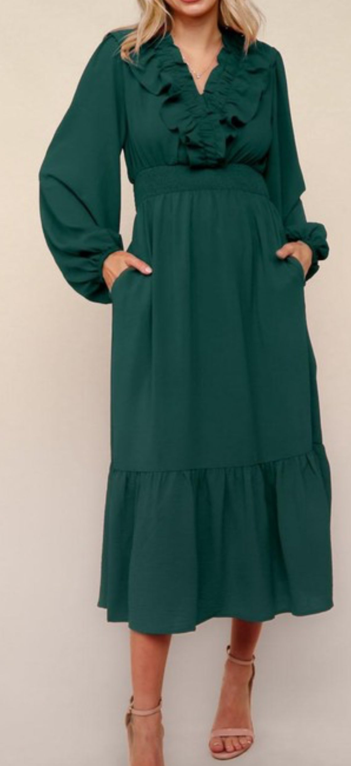 Midi Length Ruffle V Neck Dress