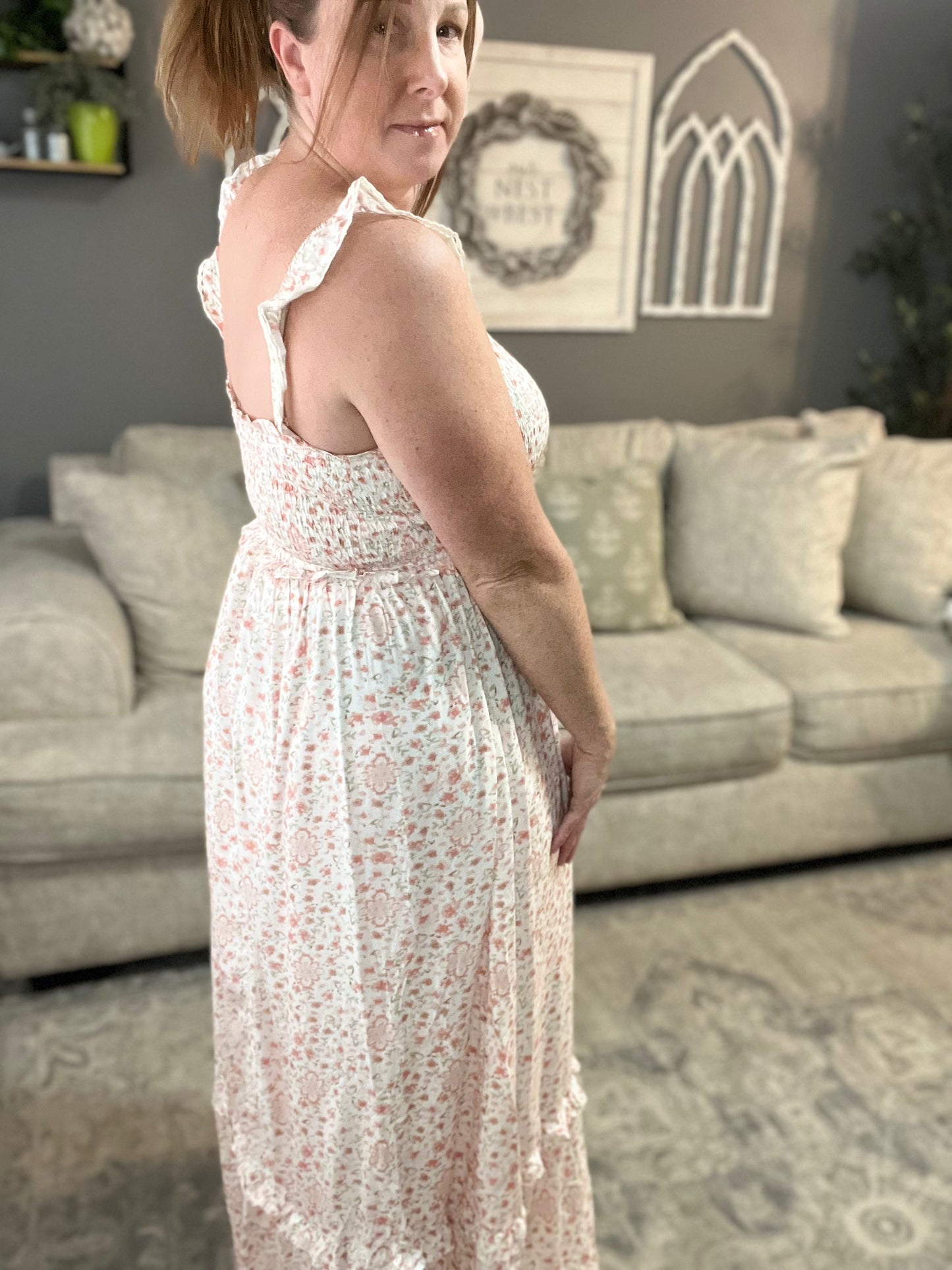 Mizty White Lace Smocked Maxi Dress
