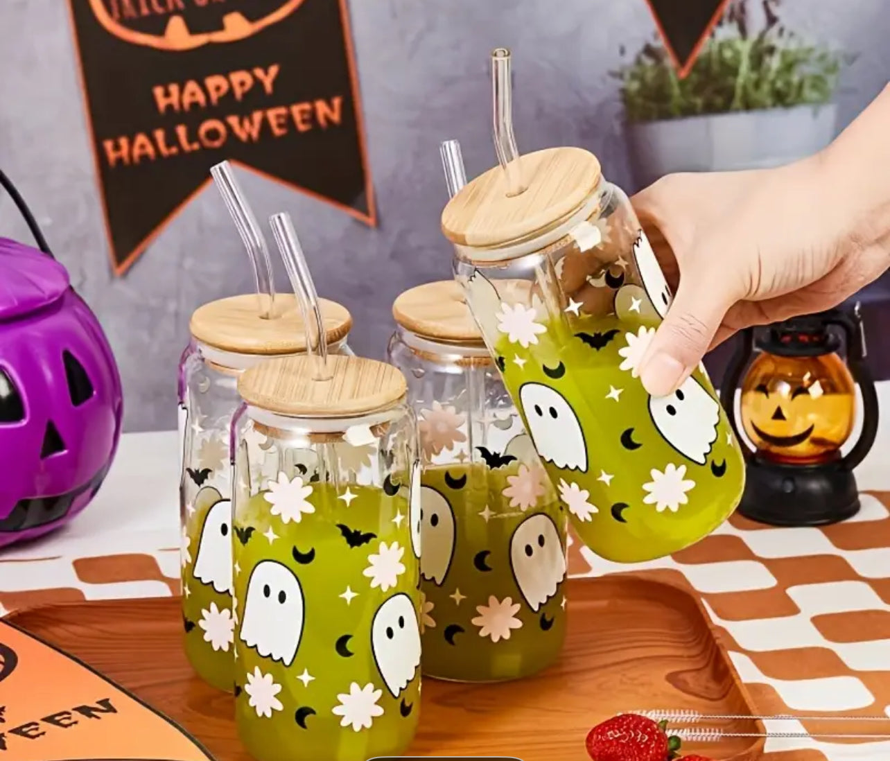 Ghosty Glass Water Cup With Lid & Straw
