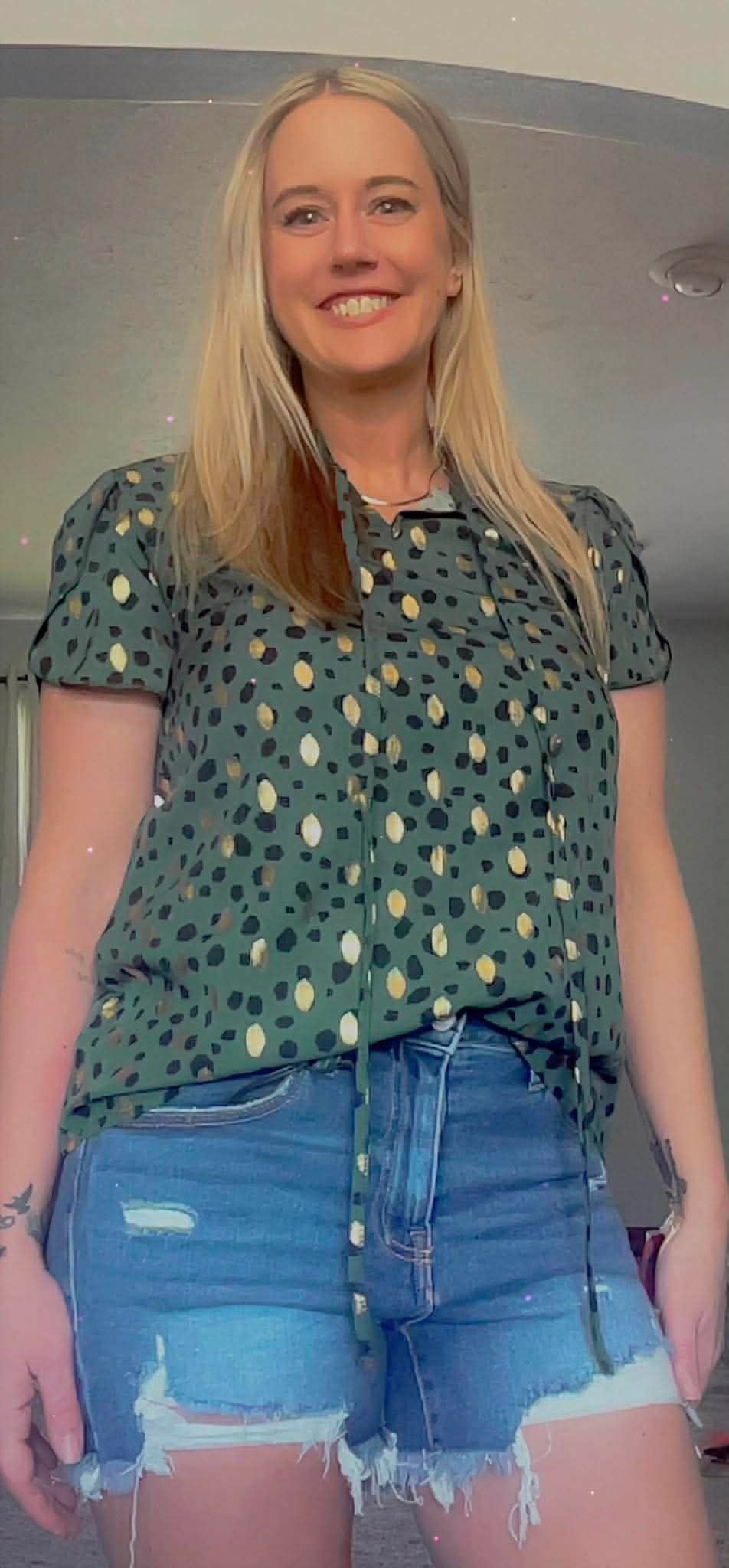 Going Up Foil Dot Petal Sleeve Top