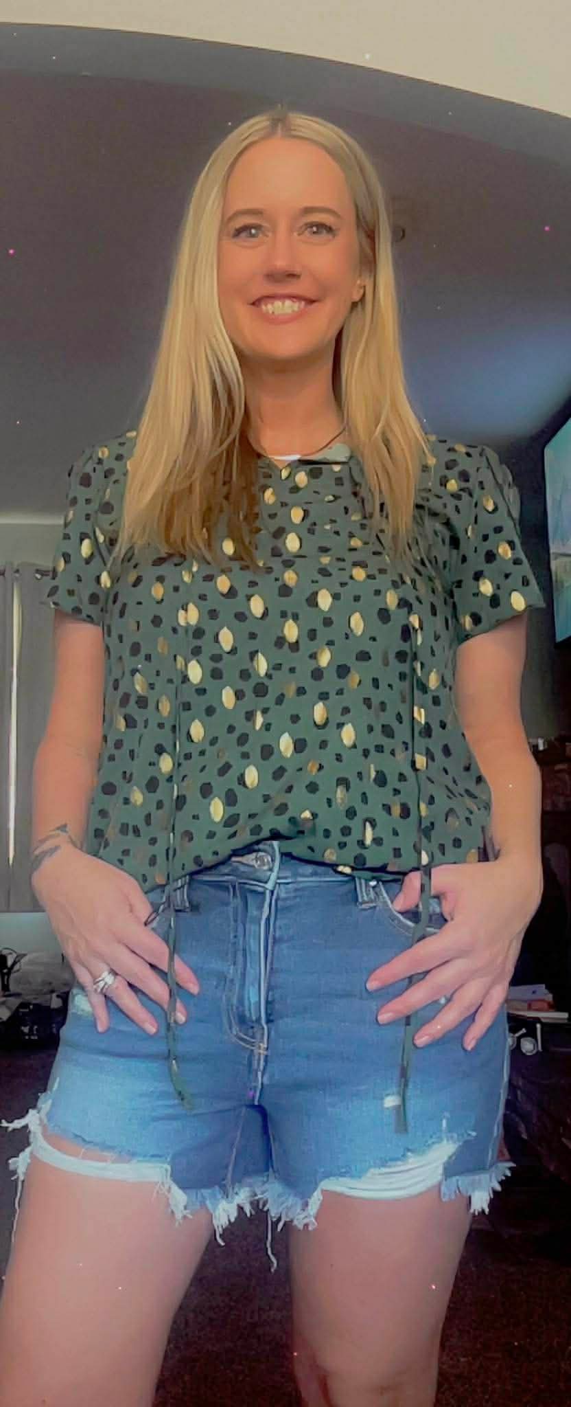 Going Up Foil Dot Petal Sleeve Top