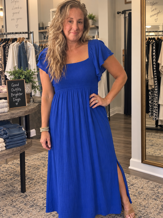 Square Neck Smocked Midi Dress
