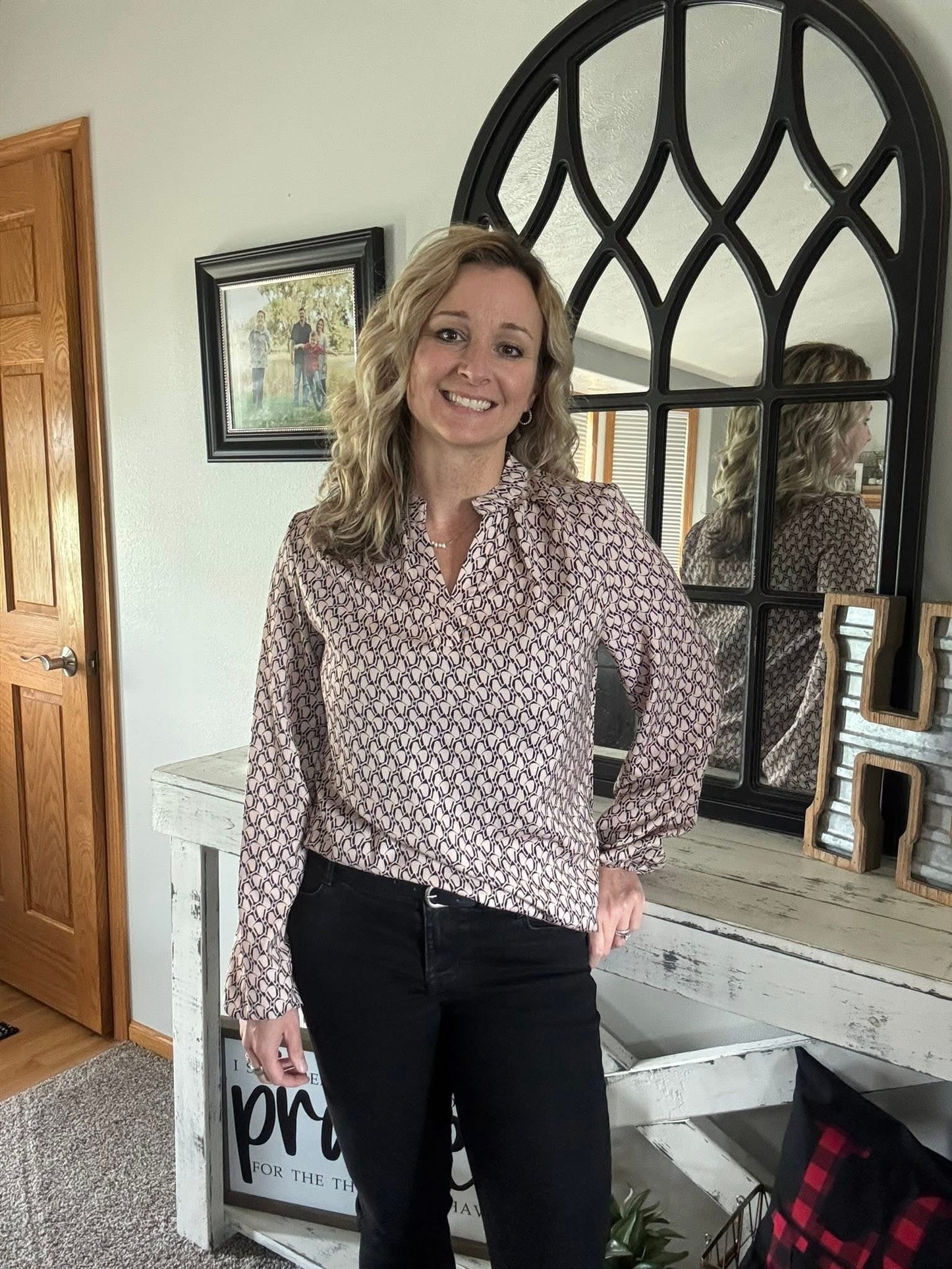 Long Sleeve Geometric Print Blouse