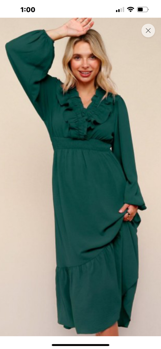 Midi Length Ruffle V Neck Dress