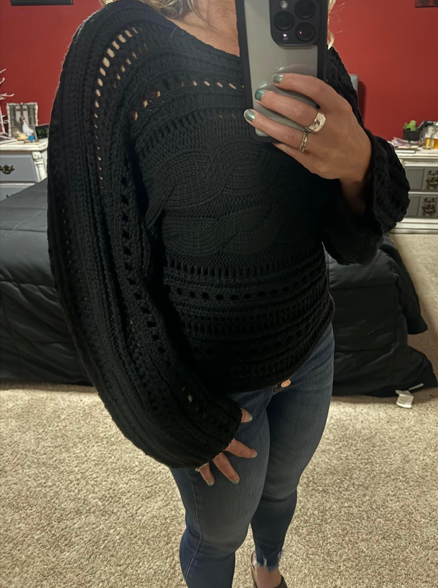 Cable-Knit Openwork Long Sleeve Sweater