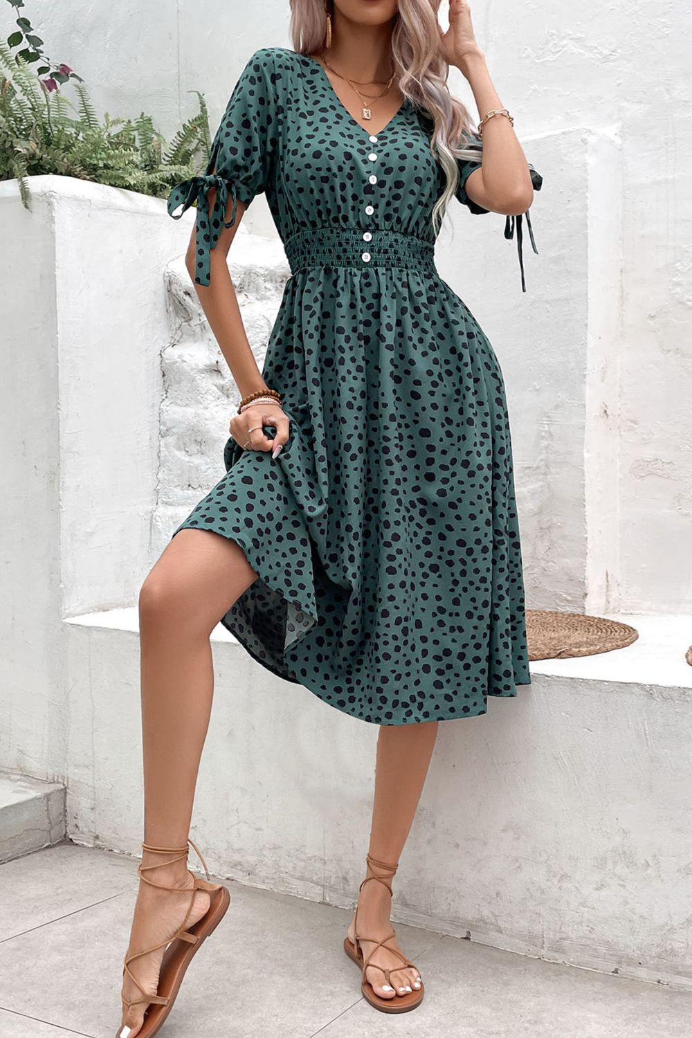 Perfee Printed Tie Cuff Smocked Waist Dress